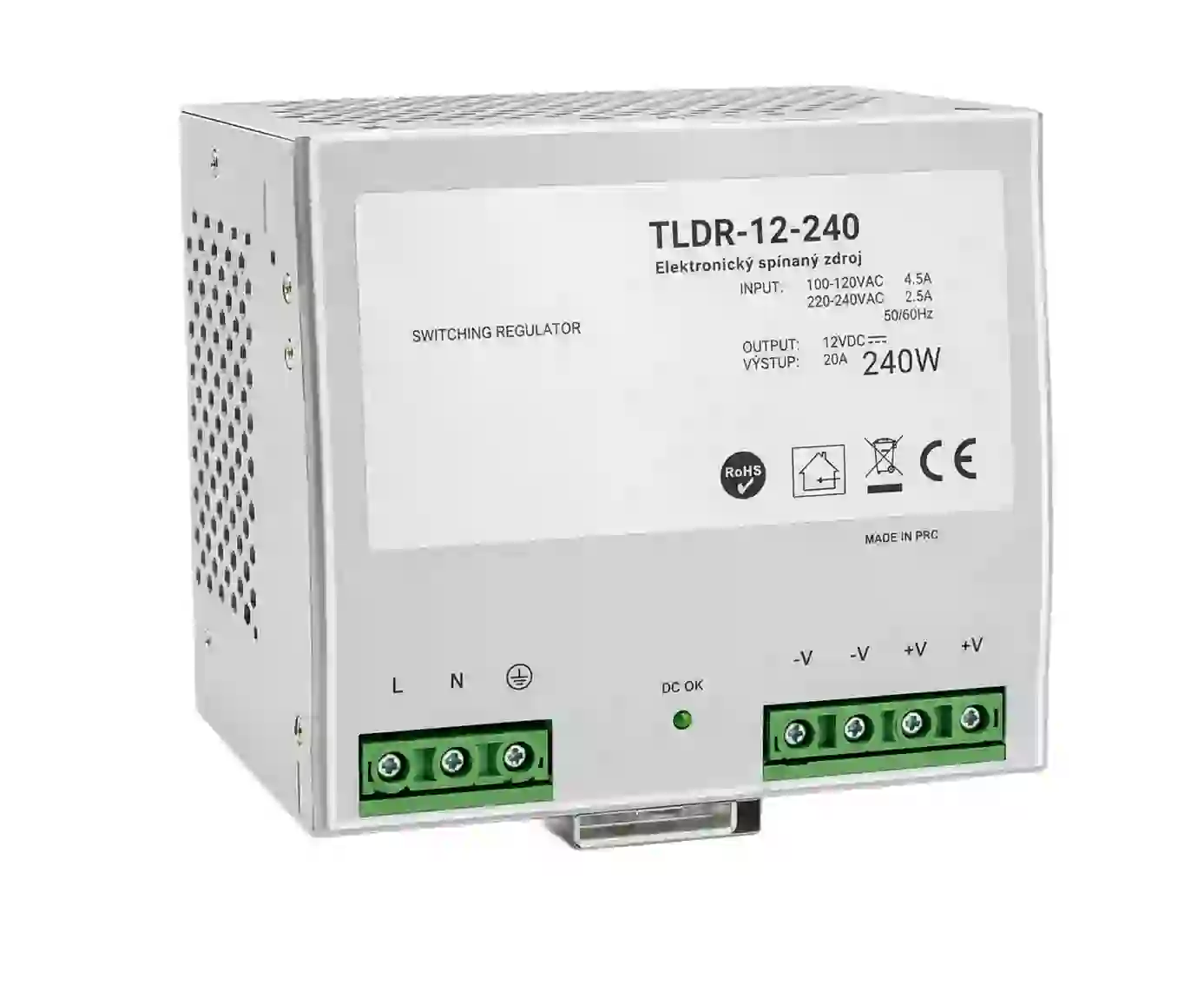LED napájecí zdroj TLDR-12-240 12V 240W 20A na DIN lištu pro elektrorozvaděče vstup 95 - 264VAC dual range
